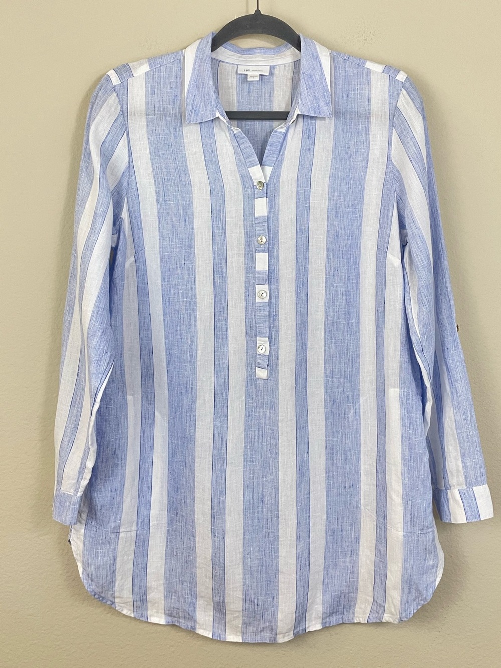 J. Jill Love Linen Striped Roll Tab Sleeve Pullover Tunic Top - Blue & White S